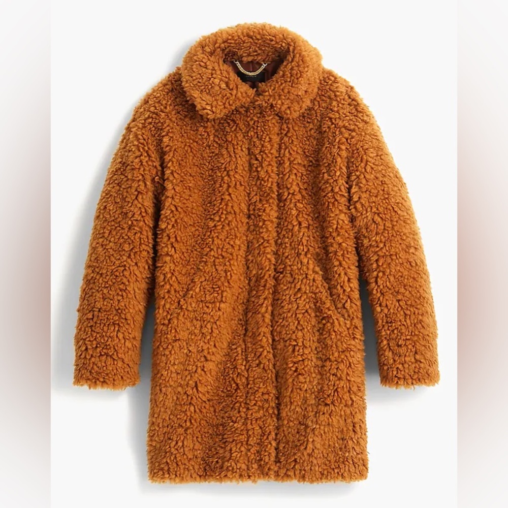 jcrew textured teddy vegan sherpa coat warm brandy brown XL super soft!